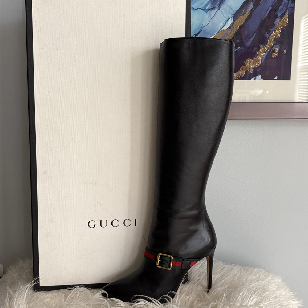 Gucci Black Leather High Heel Boots